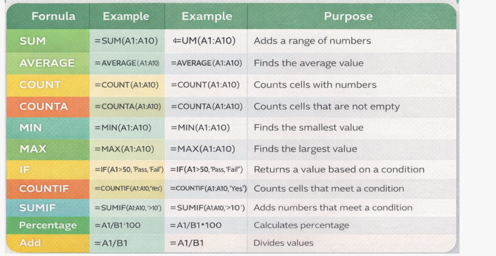Spreadsheet formulas reference